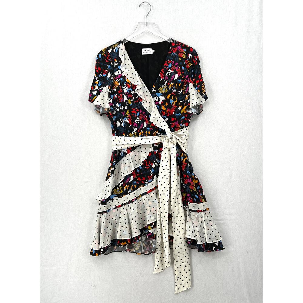 TANYA TAYLOR Bianka Combo Silk Wrap Dress Womens 8 Floral Polka Dot Ruffle Wrap - Picture 4 of 16